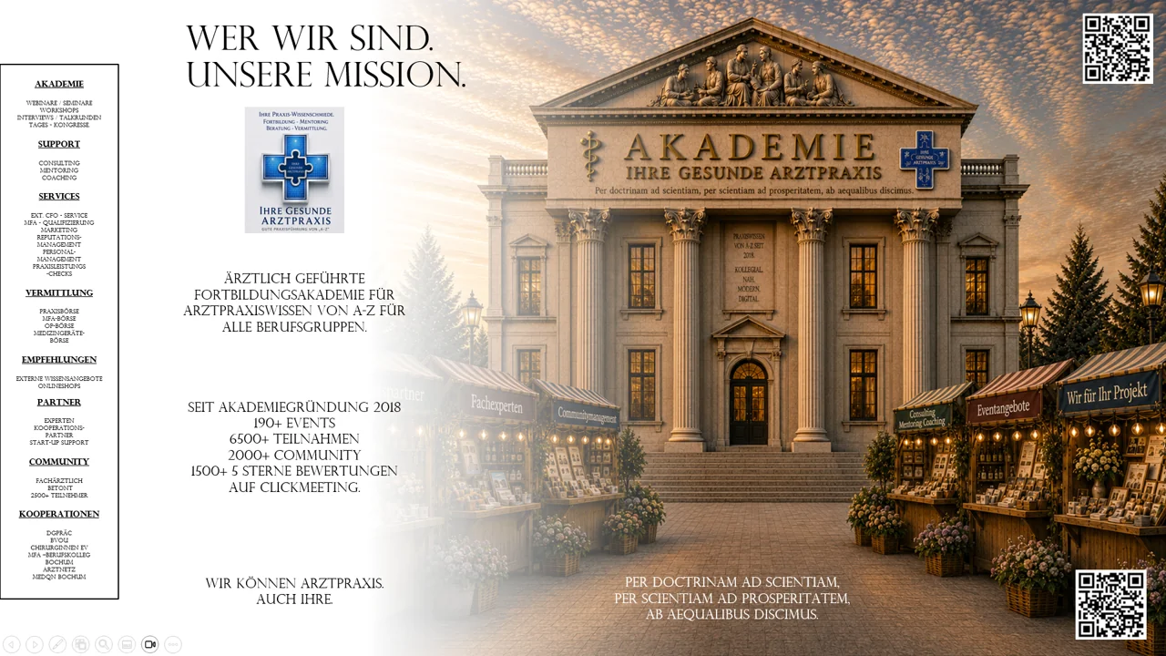 Akademie-Gebäude von Ihre gesunde Arztpraxis mit Marktständen – Wer wir sind, unsere Mission